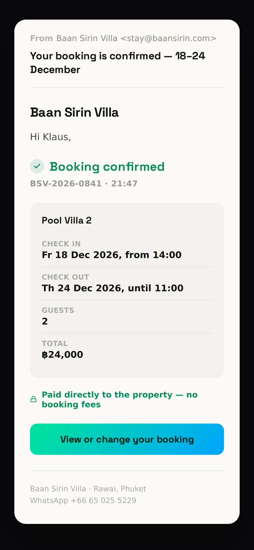 Booking confirmation email from Baan Sirin Villa
